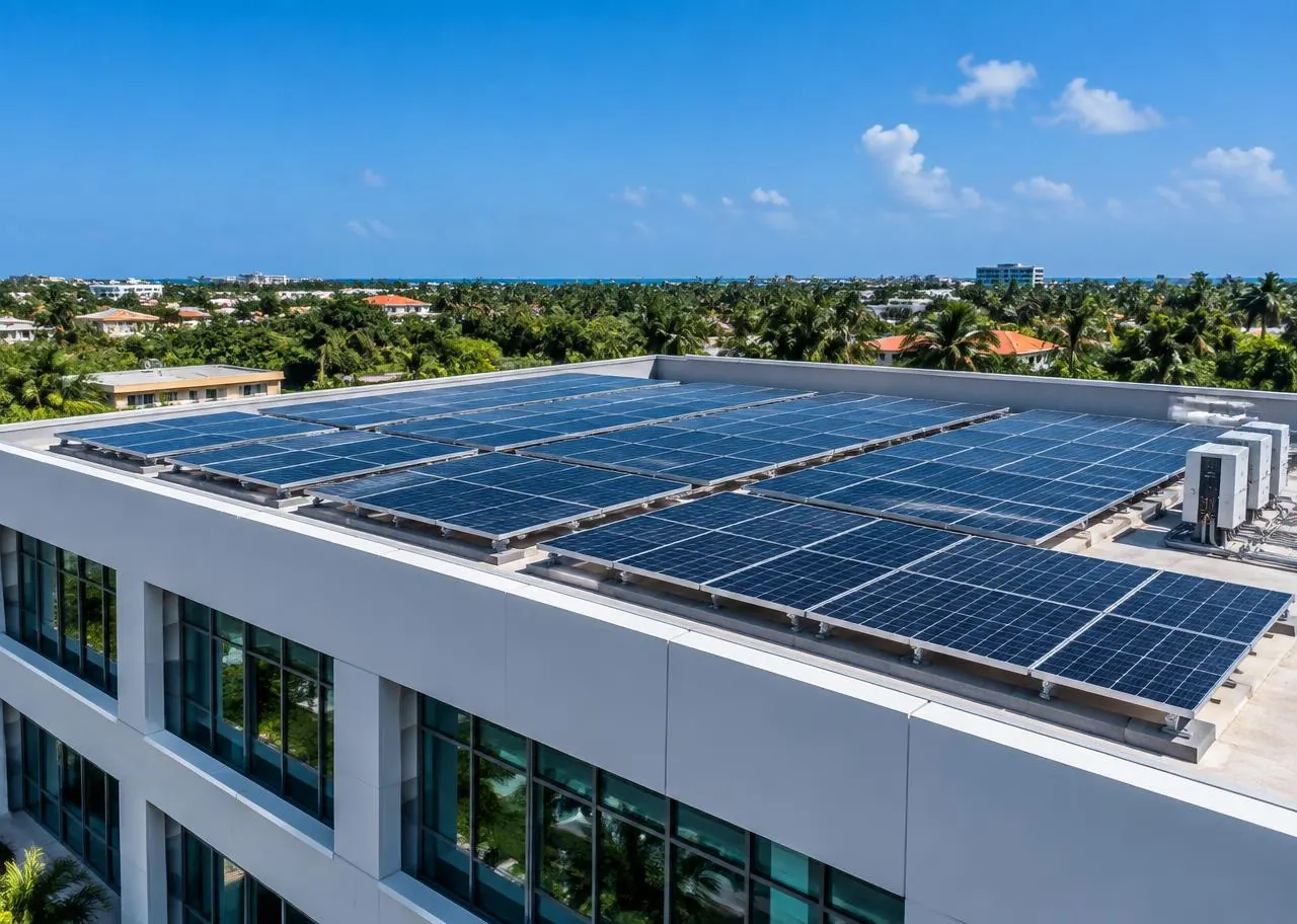 Commercial rooftop solar installation in bright tropical daylight